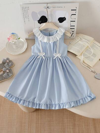 女童可爱蝴蝶结装饰无袖中长休闲连衣裙，适合夏季穿着