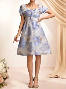 Women's Blue Floral Print Casual Long Dress With Short Sleeves - Blue - View 6