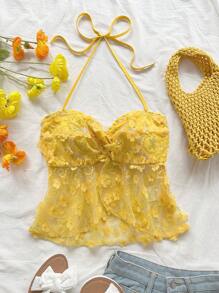 Soleia 浪漫假期串珠镂空花朵面料露背扭结女式背心，淡黄色，适合度假、音乐节、波西米亚风、节日、约会、下午茶 - 黃色 - 查看 3