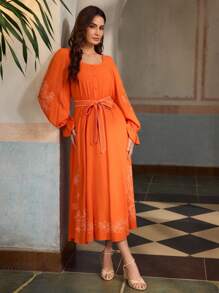 ZEYLAH U-Neck Embroidery Floral Resort Style Dress, Spring/Summer, Long Sleeve