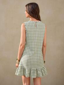 Wildy New Summer American Western Country Vacation Romantic Ruffle Trim Green Plaid Mini Dress Gingham Dress Country Casual Dress For Women - Green - View 4