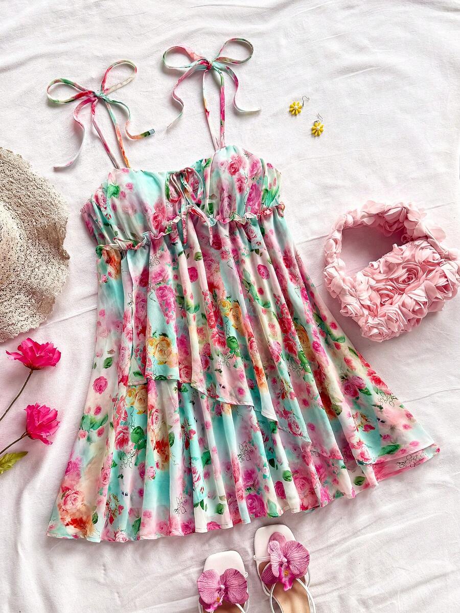 Soleia Váy mini in họa tiết dệt dây mảnh cho nữ trang phục thường ngày váy lưới đi nghỉ trang phục mùa xuân cho nữ váy hoa váy suông cho nữ - Nhiều màu - Xem 1