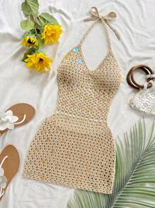 Soleia Abito corto elegante boho con paillettes, senza schienale, adatto per matrimoni in spiaggia primaverili/estivi, lauree, brunch, San Patrizio, vacanze di primavera, Pasqua, festival musicali
