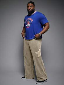 Manfinity VCAY Plus Size Men's Loose Streetwear Five-Pointed Star & Snowflake Embroidered Long Sweatpants - Mocha Brown - View 3