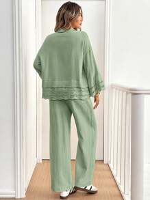 SHEIN Frenchy 2pcs Women Cotton Lace Long Sleeve Button-Front Shirt And Pants Set
