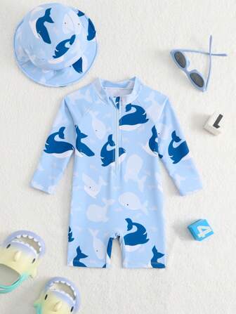 Pasgeboren baby lange mouwen rits platte shorts ontwerp haaien en walvis print zonwerende strand jumpsuit