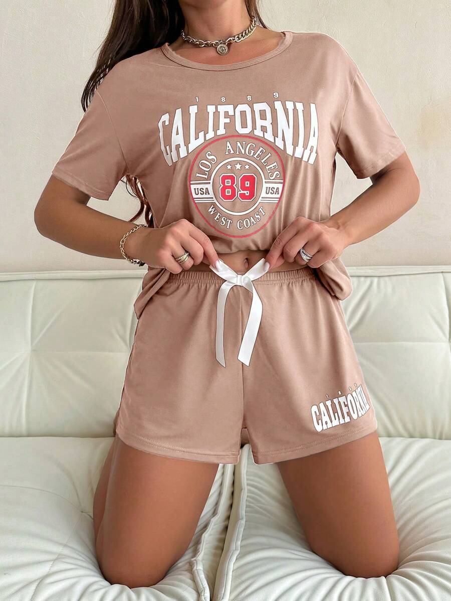 SHEIN Slogan Print Casual Short Sleeve Shorts 2pcs Pajama Set For Women - Coral Pink - View 1