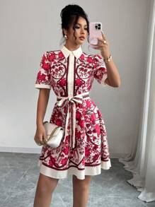 Rafferiza 女式休闲节日花卉印花系腰短袖衬衫领 A 字短裙，春夏季 - 紅色 - 查看 5
