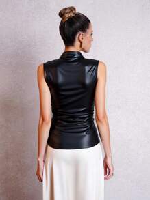 SHEIN Clasi 女士休闲纯色垫肩背心，百搭秋冬季款 - 黑色 - 查看 2