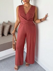Flirla Plus Size Women Elegant Sleeveless V-Neck Criss-Cross Waist Casual Jumpsuit - Red - View 3