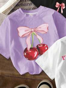 SHEIN Leap Crew Young Girl Casual Minimalist Round Neck Short Sleeve T-Shirt, Suitable For Summer - Multicolor - View 3