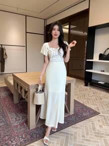 SHEIN LUNE 方领收腰鱼尾长裙，纯色，时尚，适合夏季 - 杏色 - 查看 6