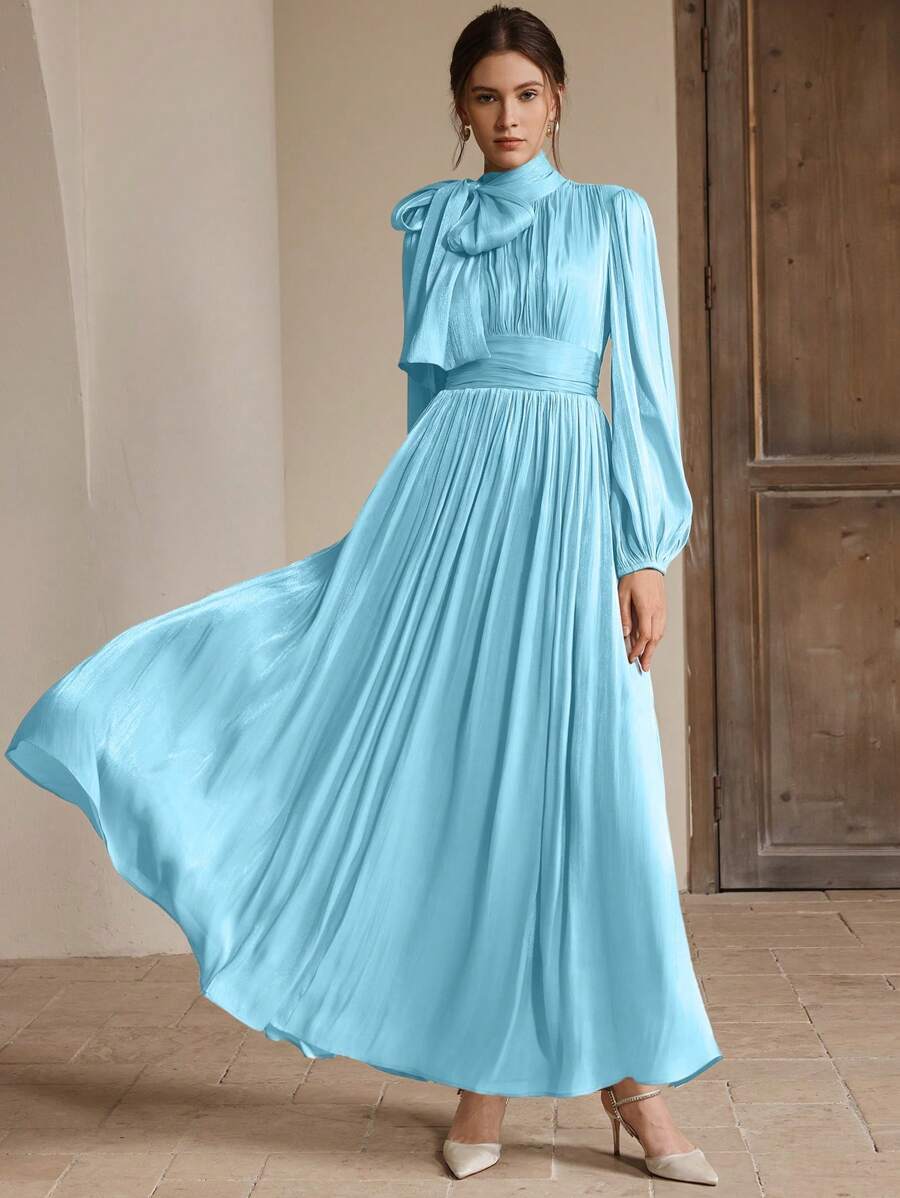 Anewsta Váy dài nữ có eo nhún, vải bóng, kiểu dáng thanh lịch, đa năng cho mùa xuân và mùa thu - Màu xanh ngọc - Xem 1