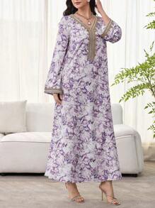 SHEIN Najma 女士花卉印花、钩针拼布、长袖连衣裙、端庄优雅的 A 字形卡夫坦和 Jalabiya 连衣裙，适合晚会/婚礼嘉宾/周年纪念/日常穿着 - 彩色 - 查看 3