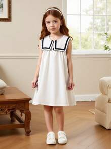 SHEIN Baby Mädchen Sommer Neues Marinekragen Loose Fit Collegejacken Kleid, süßes und einfaches Lässig Kleid - Weiss - Übersicht 3