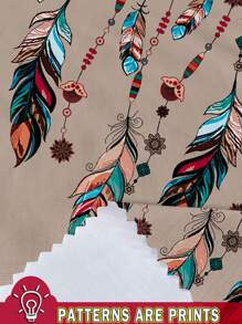 SHEIN LUNE 女士休闲羽毛西部印花单长袖T恤，适合秋冬季节，女士冬季服装，休闲款 - 彩色 - 查看 3