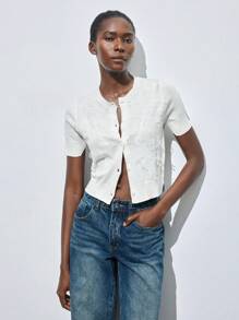 Maija 2025 Summer New White Button Front Hand-Sewn Lace Trim Adorable Summer Blouse For Women, Knit Top Suited For Urban Commute, Elegant Modern Romantic Casual Party Beach Vacation Music Festival Brunch Office Graduation Season Saint John's Festival - White - View 7