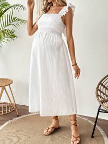 SHEIN Sukienka ciążowa z falbaną na dole i kwiatowym haftem - Biały - Zobacz 6