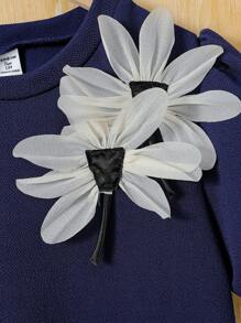 Vestido elegante negro de manga corta a media pierna para adolescentes, adecuado para salidas, escuela, fiestas, primavera/verano - Azul Marino - Ver 3