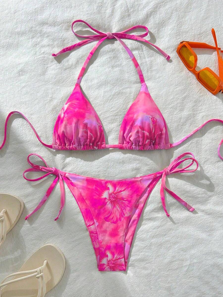 Swim Vcay Women's Sexy Random Print Halter Neck Tied Bikini Set, Summer - Hot Pink - View 1