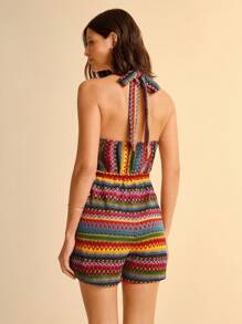 CAJUNI 女式波西米亚风格度假休闲沙滩V领无袖短款条纹连体裤，夏季 - 彩色 - 查看 2