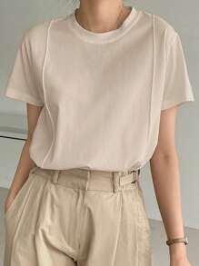 Dazy-Less Solid Seam Detail Tee Business Casual Woman Work Clothes