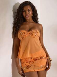 Opulessa 亮片女士夏季度假亮片装饰胸衣透视抹胸上衣，适合假日度假、音乐会、派对、夜店、秋季、国庆节、新年、外出、奢华优雅毕业典礼等场合，时尚别致。 - 橘色 - 查看 6