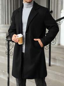 Manfinity Homme Plus Size Men Solid Color Lapel Neck Single Breasted Overcoat, Men's Black Coat, For Fall Winter