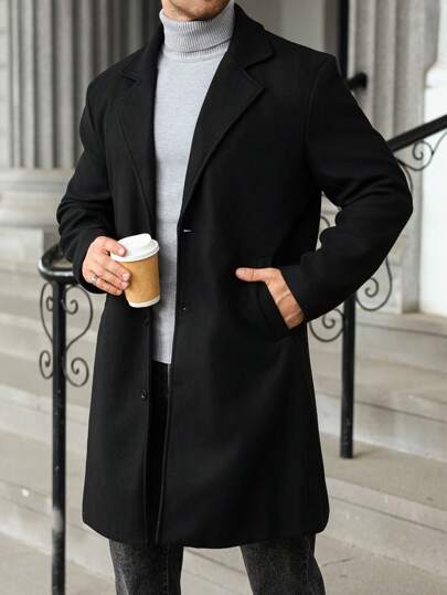 Manfinity Homme Plus Size Men Solid Color Lapel Neck Single Breasted Overcoat, Men's Long Sleeve Black Coat, For Fall Winter