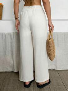 SHEIN Calças largas de linho com detalhe assimétrico de botões e bainha dividida, estilo casual de verão, estilo boho