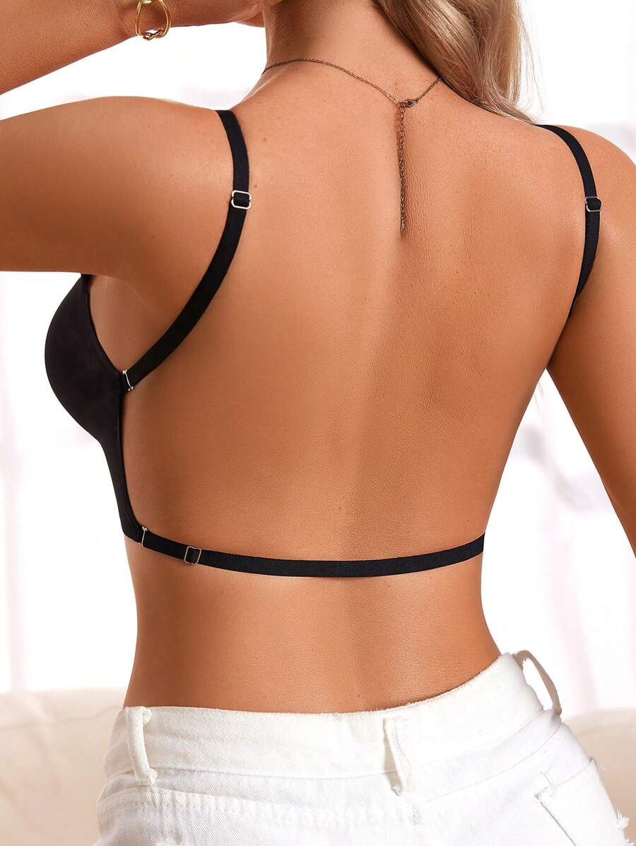 SHEIN 1pc Women Deep-V Neck Solid Color Spaghetti Strap Backless Casual Bra - Black - View 1