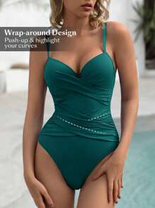 Shapewave 夏季沙灘女士度假沙灘泳池純色增壓塑身一件式泳裝，帶肩帶 - 墨綠色 - 查看 6