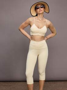 Activina Damskie legginsy sportowe z marszczeniami w pasie i długości 3/4 w jednolitym kolorze - Morela - Zobacz 7