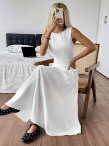 SHEIN EZwear Váy suông không tay bó eo cho kỳ nghỉ hè giản dị - trắng - Xem 5