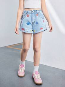 女童加大码破洞牛仔短裤，时尚百搭休闲彩色花卉印花牛仔短裤，适合日常穿着和度假 - 淺色水洗藍 - 查看 1