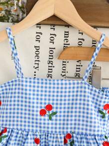 Girls (Small) Cute Plaid, Cherry Print Camisole Top & Casual Print Shorts Set, Suitable For Holiday, Summer