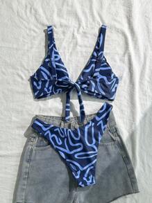 Swim Vcay Women Fashion Blue Floral Print Separate Swimsuit Set, Sexy Bikini Beachwear Suitable For Going Out For Summer Beach Vacation