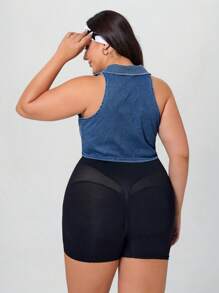 SHEIN Essnce Plus Size Women Summer Elastic Casual Denim Jacket - Blue - View 2