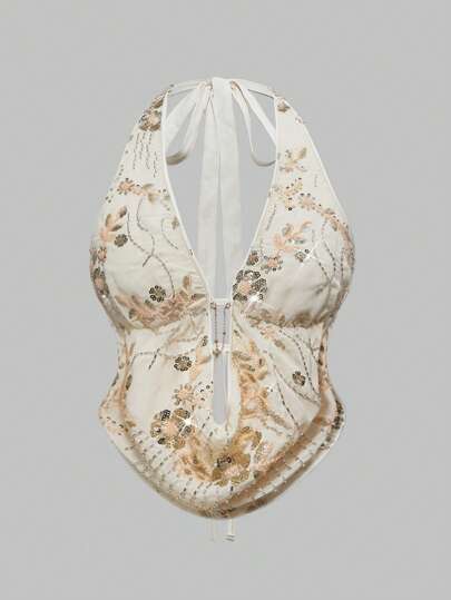 Canottiera con spallina sottile, ricamo di paillettes, schiena scoperta, adatta alle vacanze al mare, taglie grandi