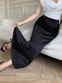 Modelyn 女士蕾丝拼布结饰侧开衩裙 - 黑色 - 查看 3