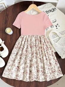 SHEIN 少女休閒可愛圓領短袖灰粉色羅紋下擺碎花拼接洋裝 伴娘度假夏季穿搭 - 粉色 - 查看 8