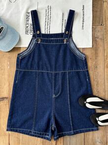 SHEIN Tween Boy Navy Blue Denim Loose Fit Bib Shorts