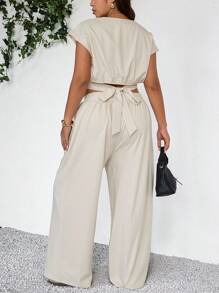 SHEIN Frenchy 2pcs/Set Plus Size Women White Summer Casual Everyday Fashion Short Sleeve Top & Long Pants Set,Commuting 2025 Spring New Outfits,Two Piece Set Women - Apricot - View 2