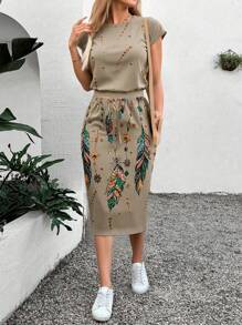 SHEIN LUNE مجموعة تنورة ذات ملمس ريشي للنساء قطعتين، مناسبة للصيف