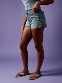 MISSGUIDED Western Boho Festival Mom Shorts High Waisted Studded Denim Side Button Detail Mid Thigh Length Summer Statement Shorts - Medium Wash - View 6