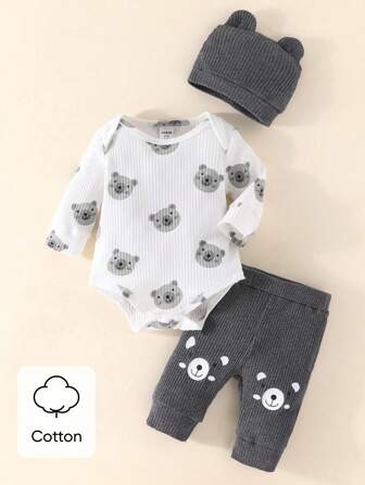 SHEIN Newborn Baby Boy's Bear Printed Bodysuit And Pants Set
