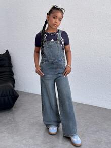 Tween Girls Y2K Fashionable Casual Versatile Solid Color Retro Washed Suspender Pants Casual Wide Leg Jumpsuit Sleeveless Denim Overalls Romper Without Tee,Girls Spring Summer Break Outfits, Summer Concert Rave Festival Baggy Shorts Streetwear Outfits,Back To School Outfits