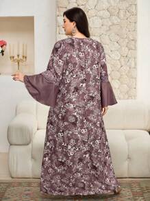 Al Najma Plus Size Women Floral Print Arabian Style Dress - Burgundy - View 2