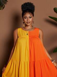 Maweii 女士加大码度假荷叶边撞色无袖休闲连衣裙 - 彩色 - 查看 2