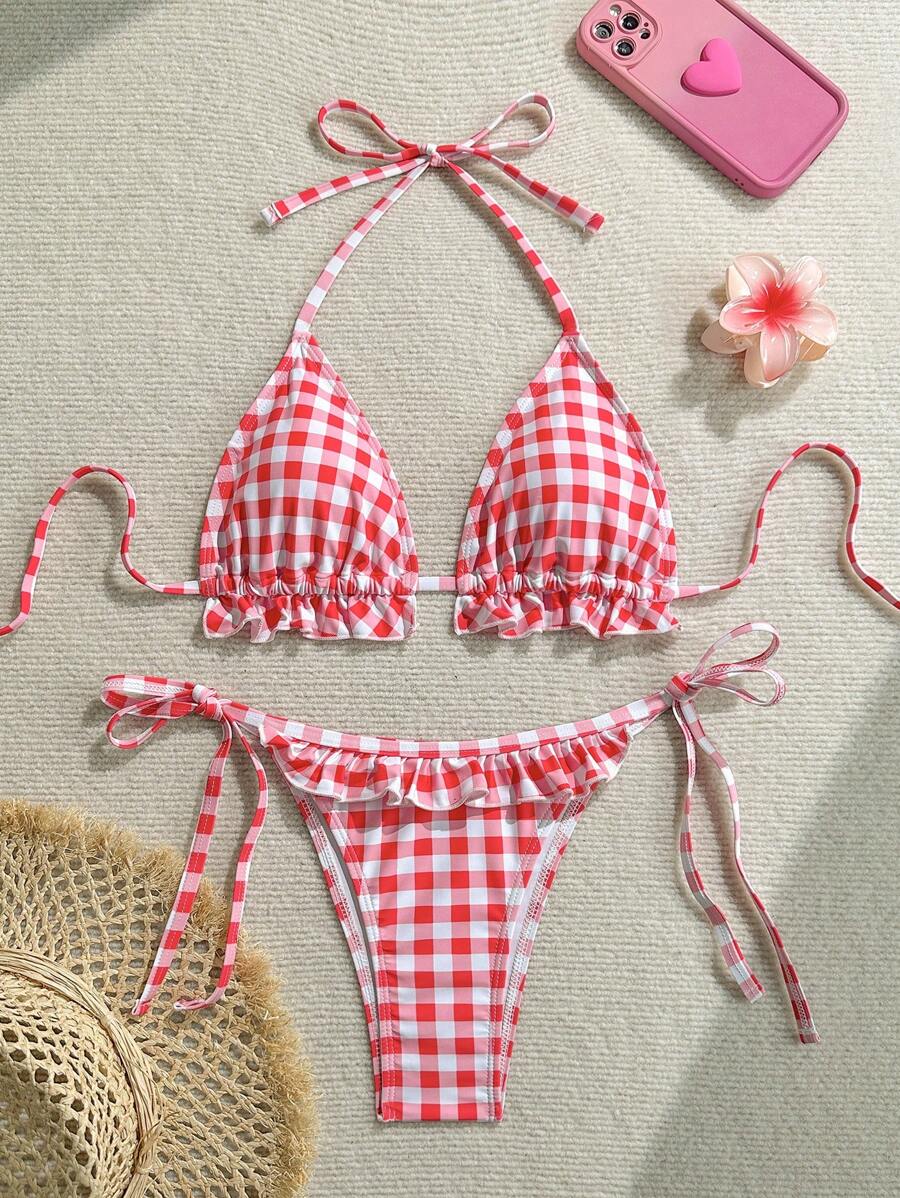 Soleia Bohemian, Boho, romantischer Blumen, Urlaub, Blumen 2-teiliges Damen Gingham Muster Spitze Patchwork Schleife Dekor Badeanzug Set für den Urlaub, süß, Kawaii Off-Shoulder Weihnachts-Oberteil für Schulrückkehr-Outfits Frauen, Schulrückkehr Frauenkleidung für den Herbst, Goth Frauenkleidung, Club-Outfits für Frauen, sexy Halloween-Kostüme, Ausgehoutfits, Konzertoutfits, Country-Konzertoutfit